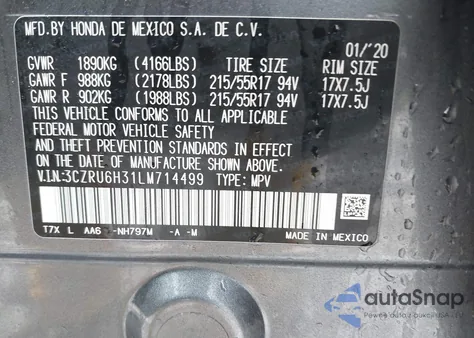 2020 Honda Hr-V Awd Lx from USA, damaged, VIN 3CZRU6H31LM714499